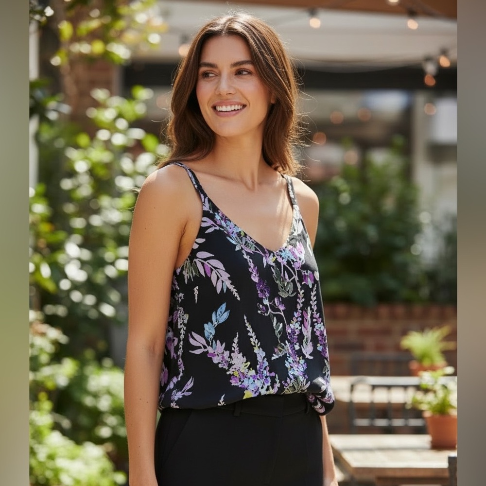 White House Black Market Black and Purple Floral Camisole